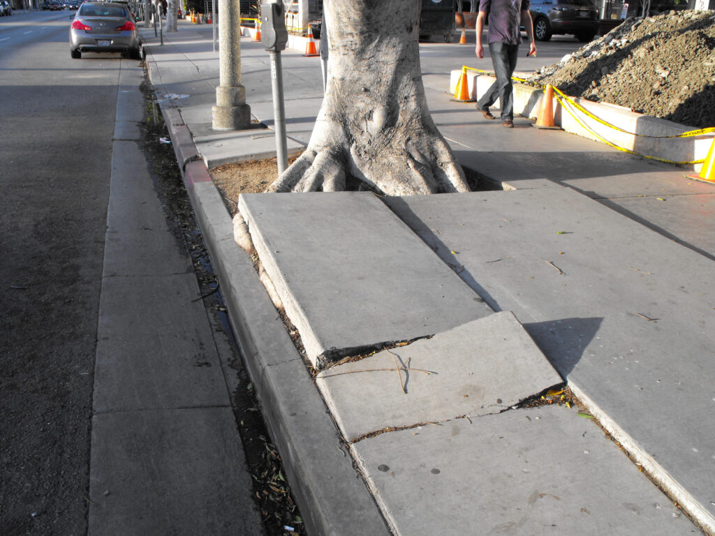 A cracked and deteriorating Los Angeles sidewalk posing safety hazards for pedestrians